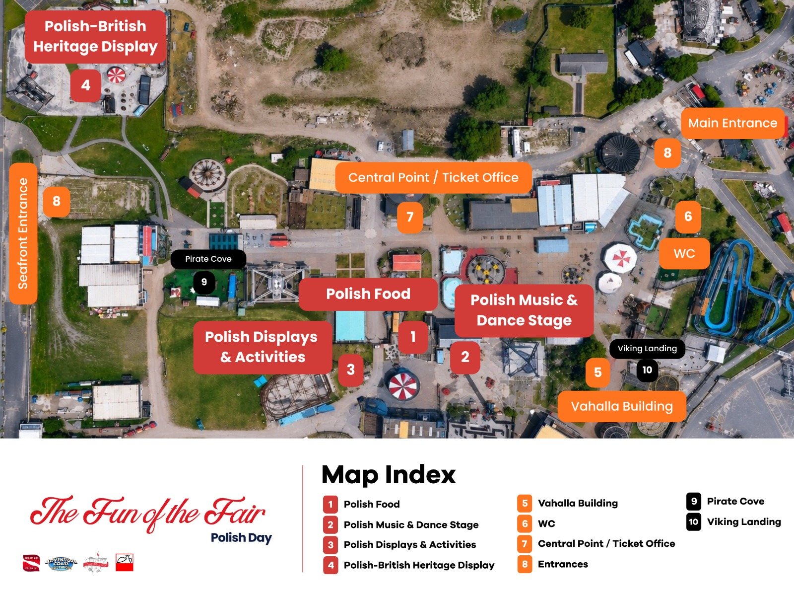 Mapa terenu Polish Day w Adventure Coast Southport: polskie jedzenie (1), scena muzyczno-taneczna (2), wystawy i aktywności (3), wystawa polsko-brytyjskiego dziedzictwa (4), budynek Vahalla (5), toalety (6), punkt centralny i kasa (7), wejścia (8), Pirate Cove (9), Viking Landing (10).
